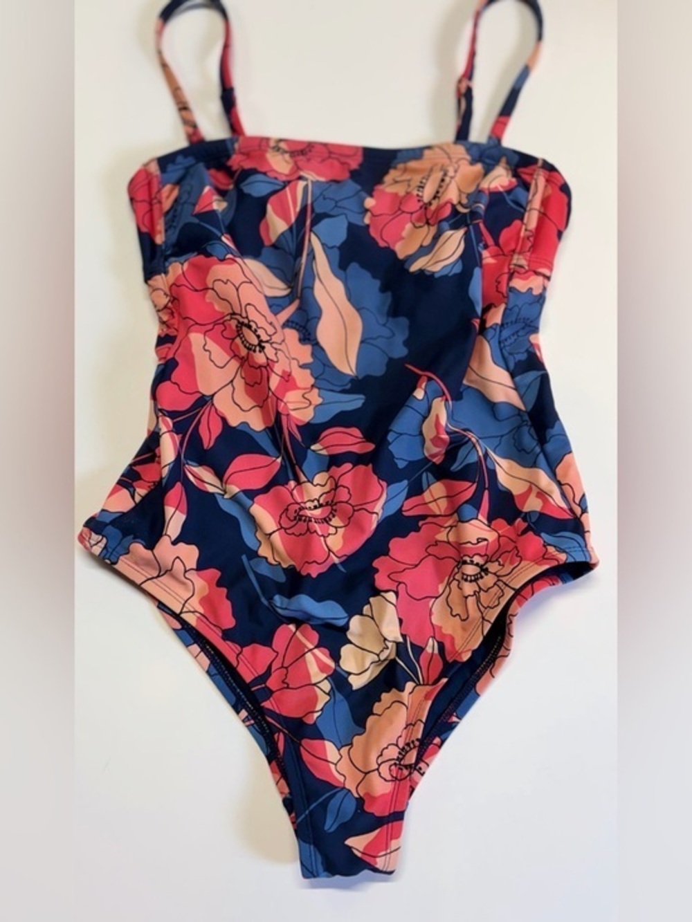 Kona Sol Floral One Piece SwimsuitNavy Coral Tie Back Womens Size Small